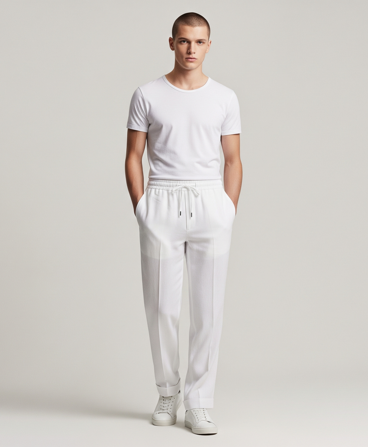 DRAWSTRING WHITE LINEN TROUSERS