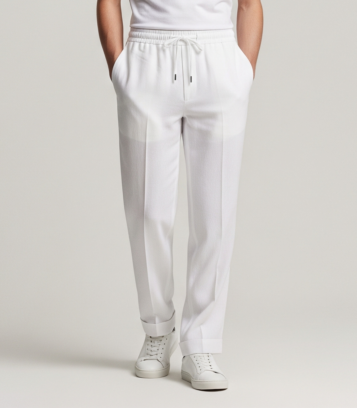 DRAWSTRING WHITE LINEN TROUSERS