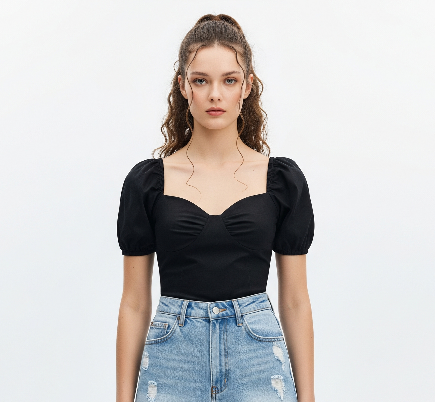 BLACK PUFF SLEEVE SWEETHEART TOP