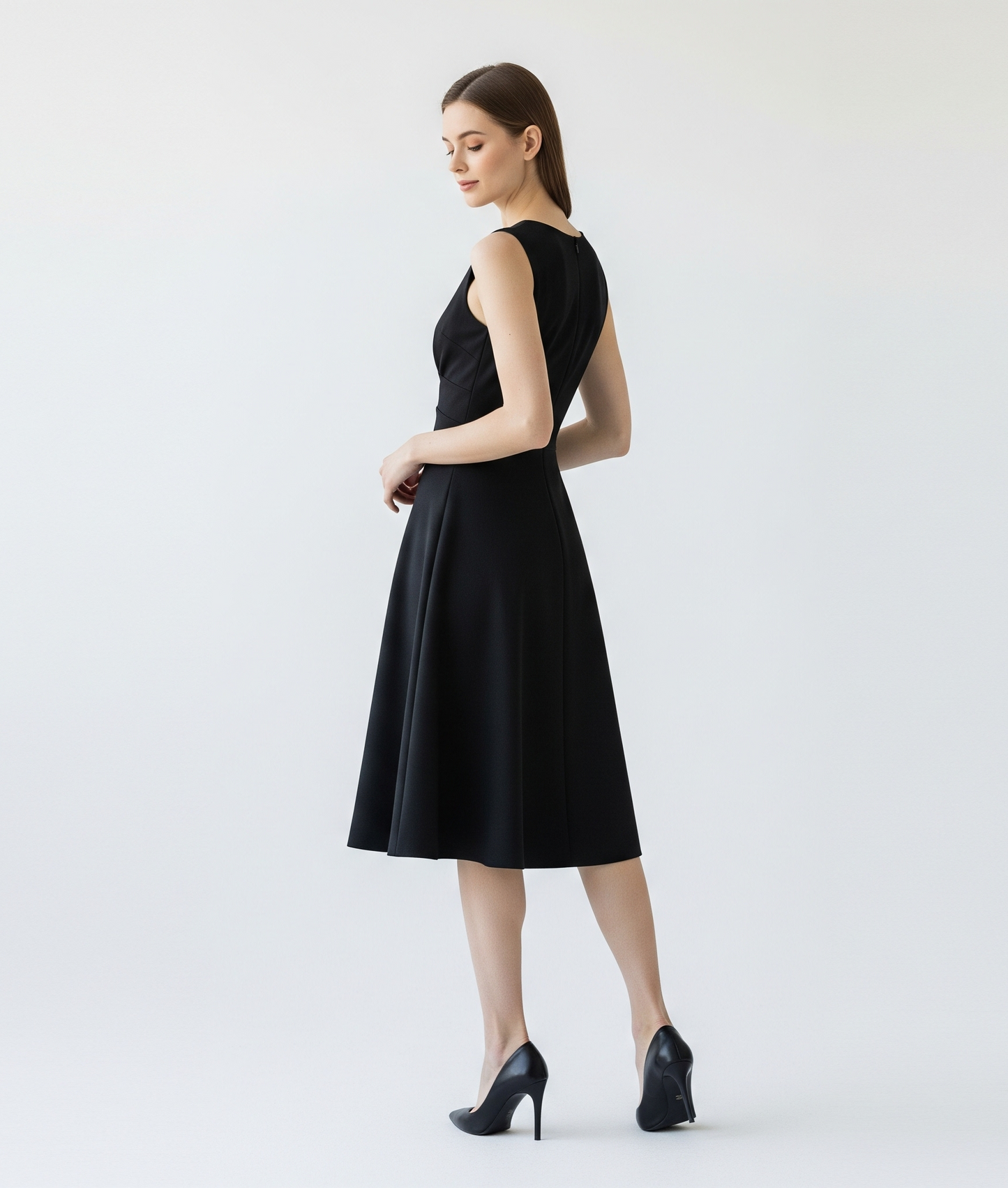 BLACK SLEEVELESS FIT-AND-FLARE DRESS
