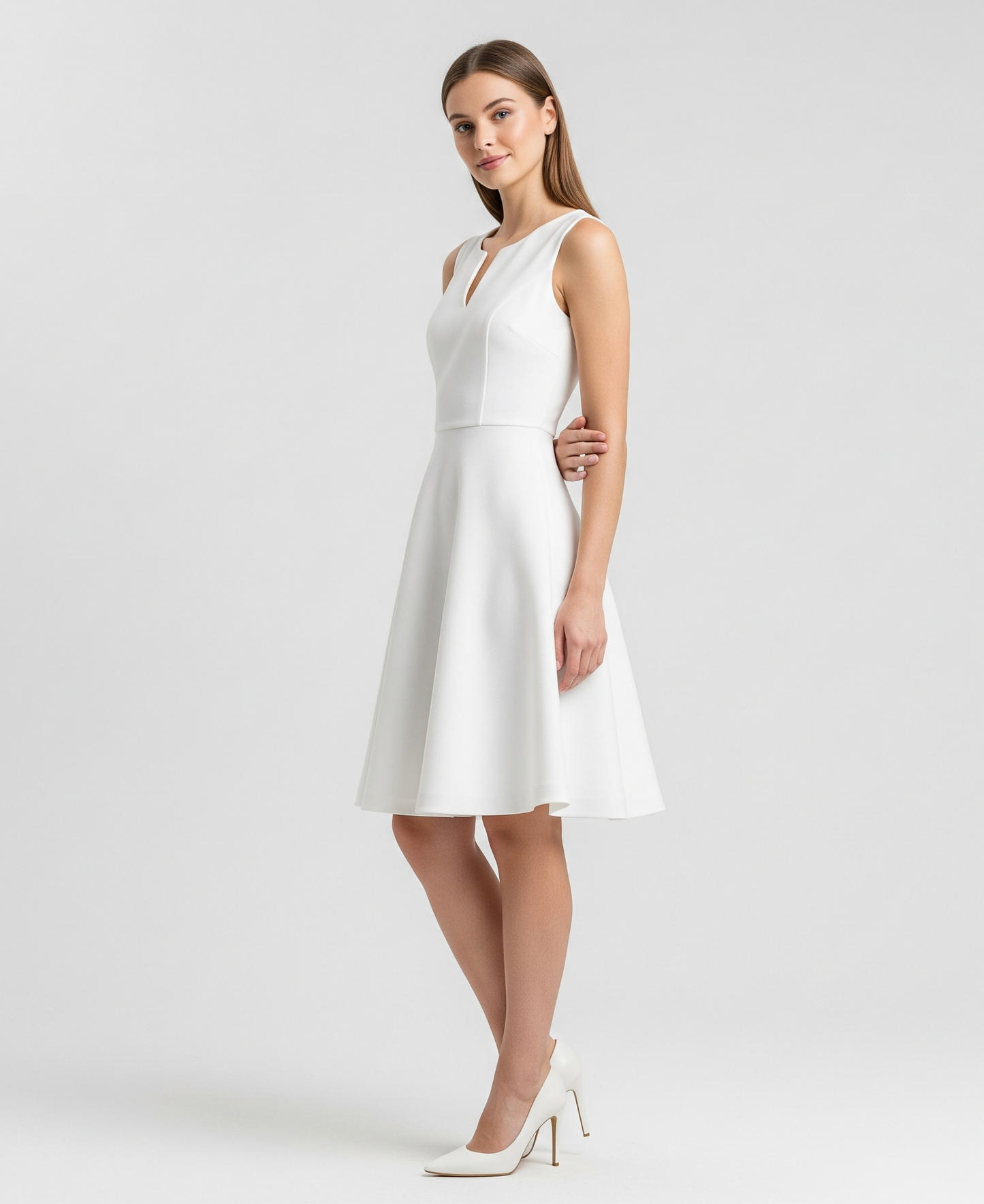 WHITE SLEEVELESS FIT-AND-FLARE DRESS