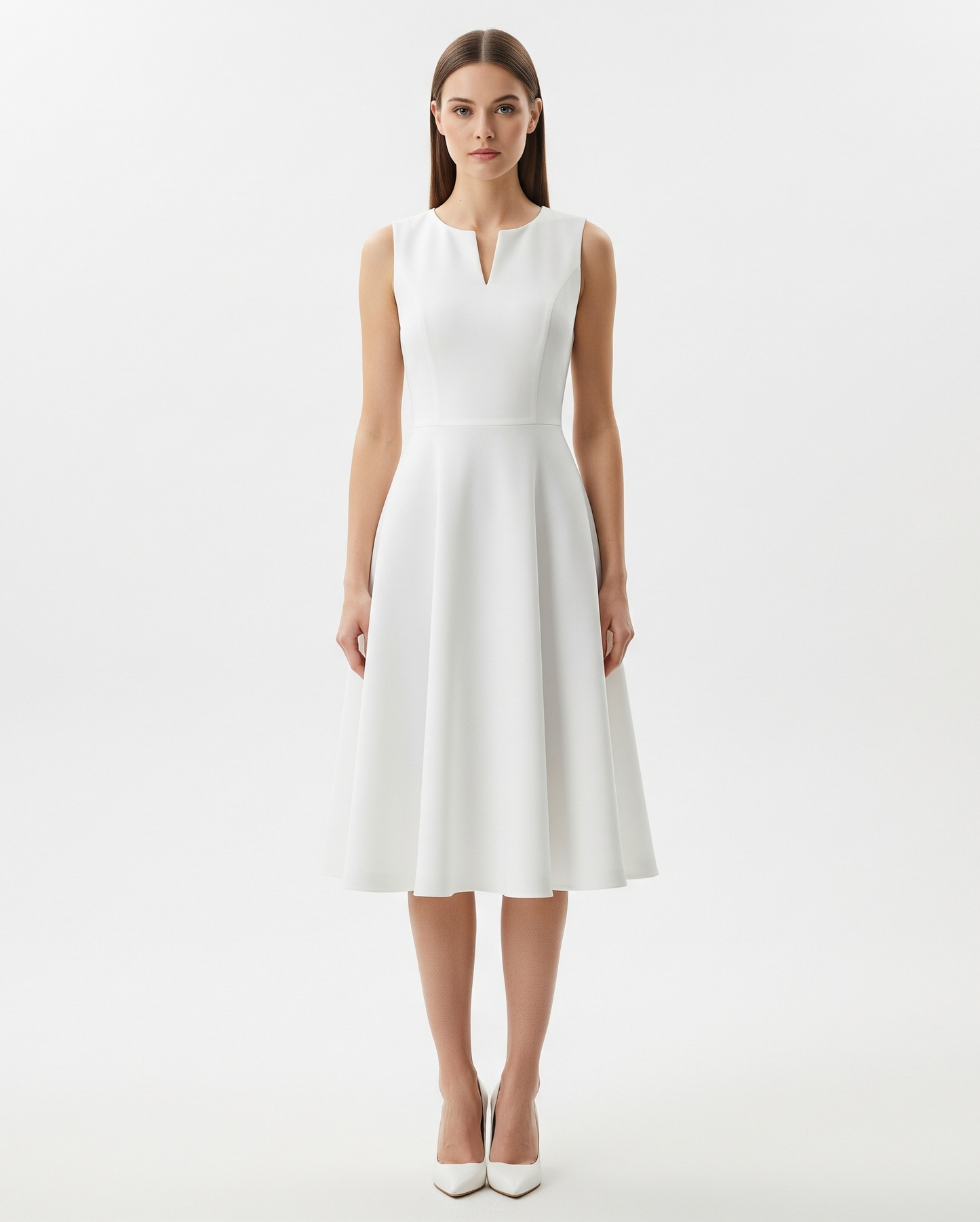 WHITE SLEEVELESS FIT-AND-FLARE DRESS