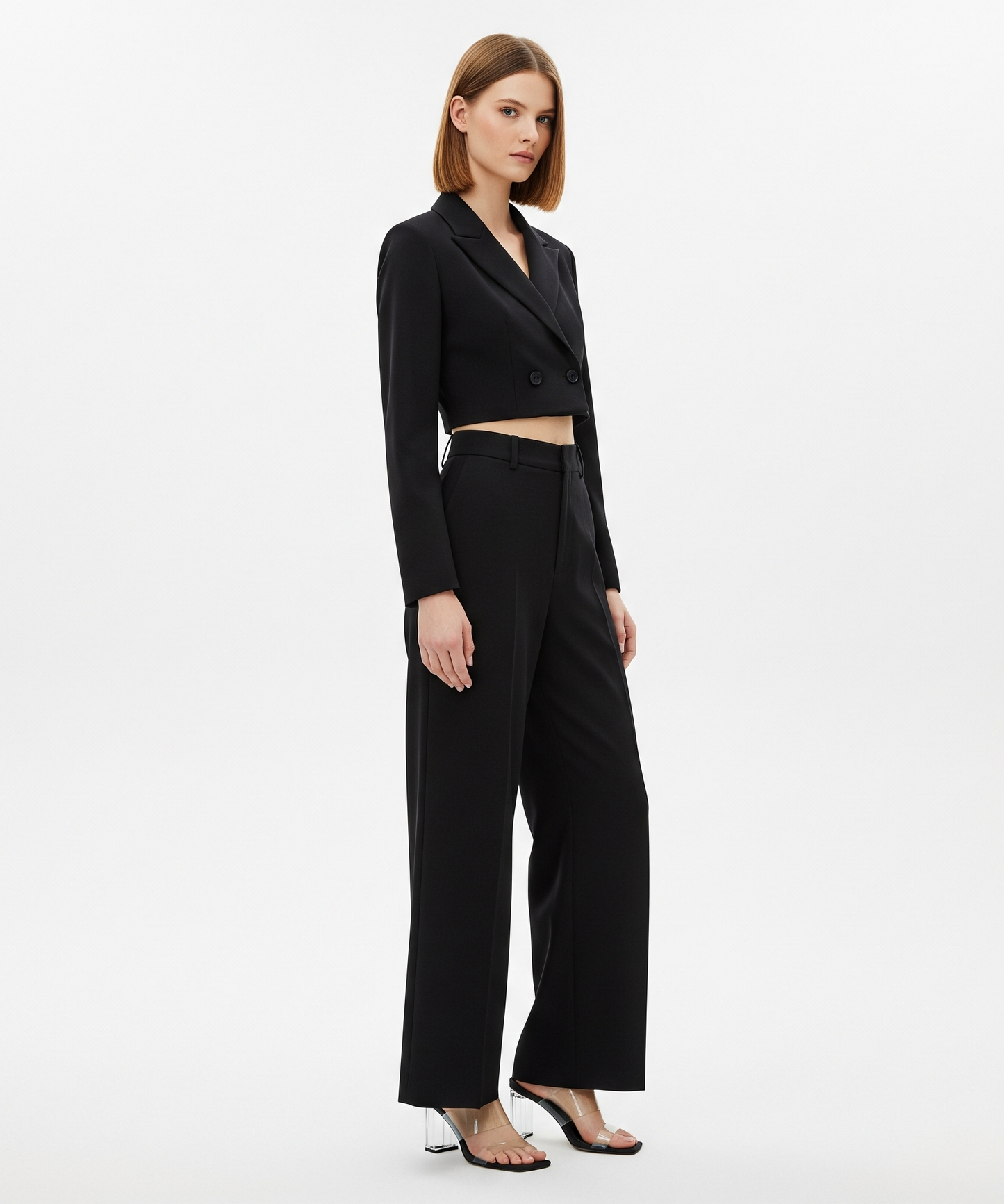 BLACK CROPPED BLAZER AND WIDE-LEG TROUSER SET