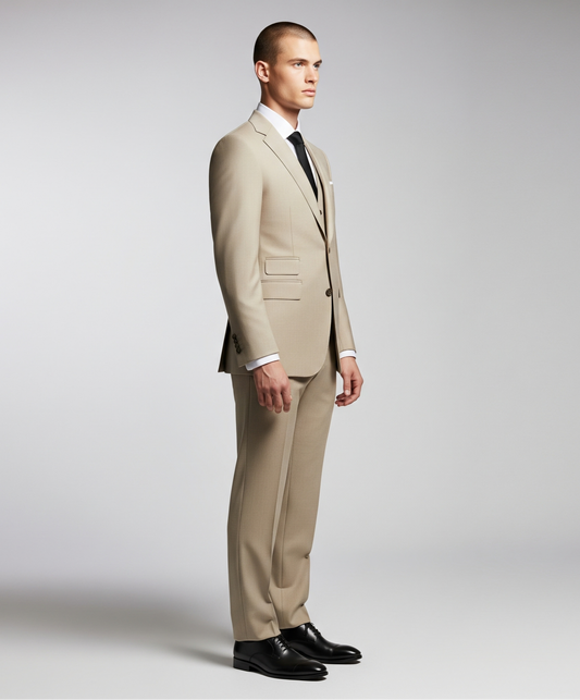 BEIGE THREE PIECE TAILORED SUIT