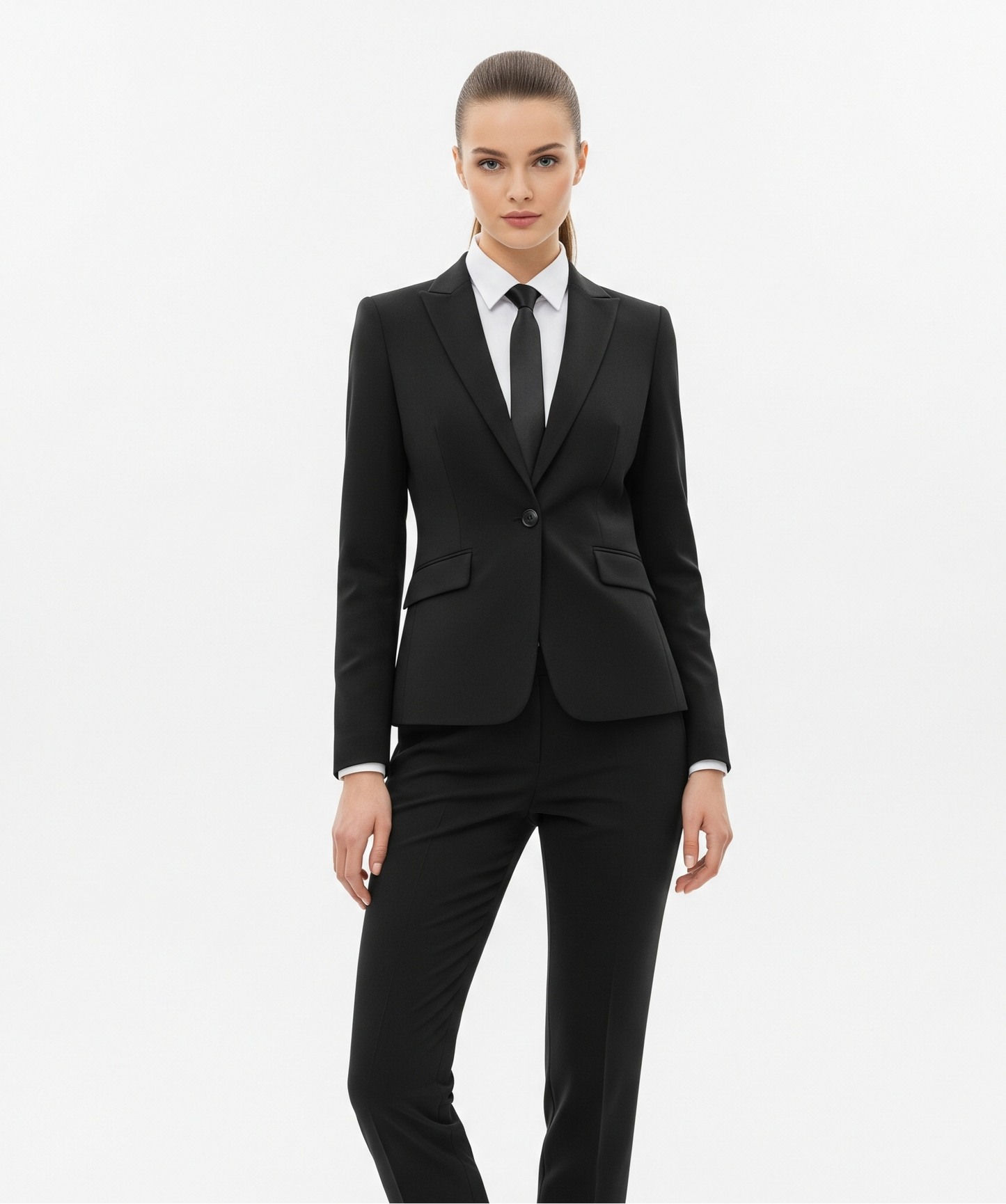 Person wearing a black suit on a white background