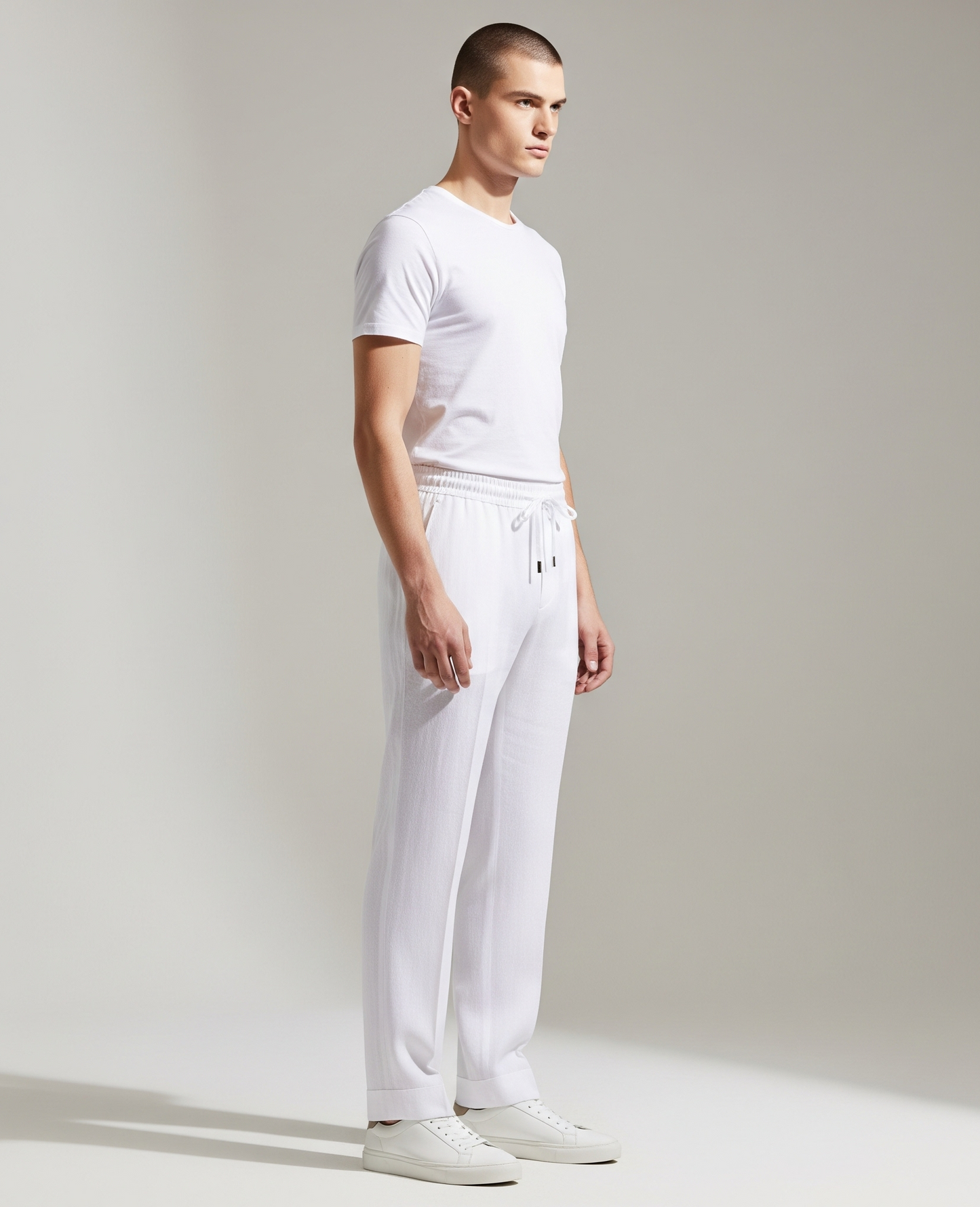 DRAWSTRING WHITE LINEN TROUSERS