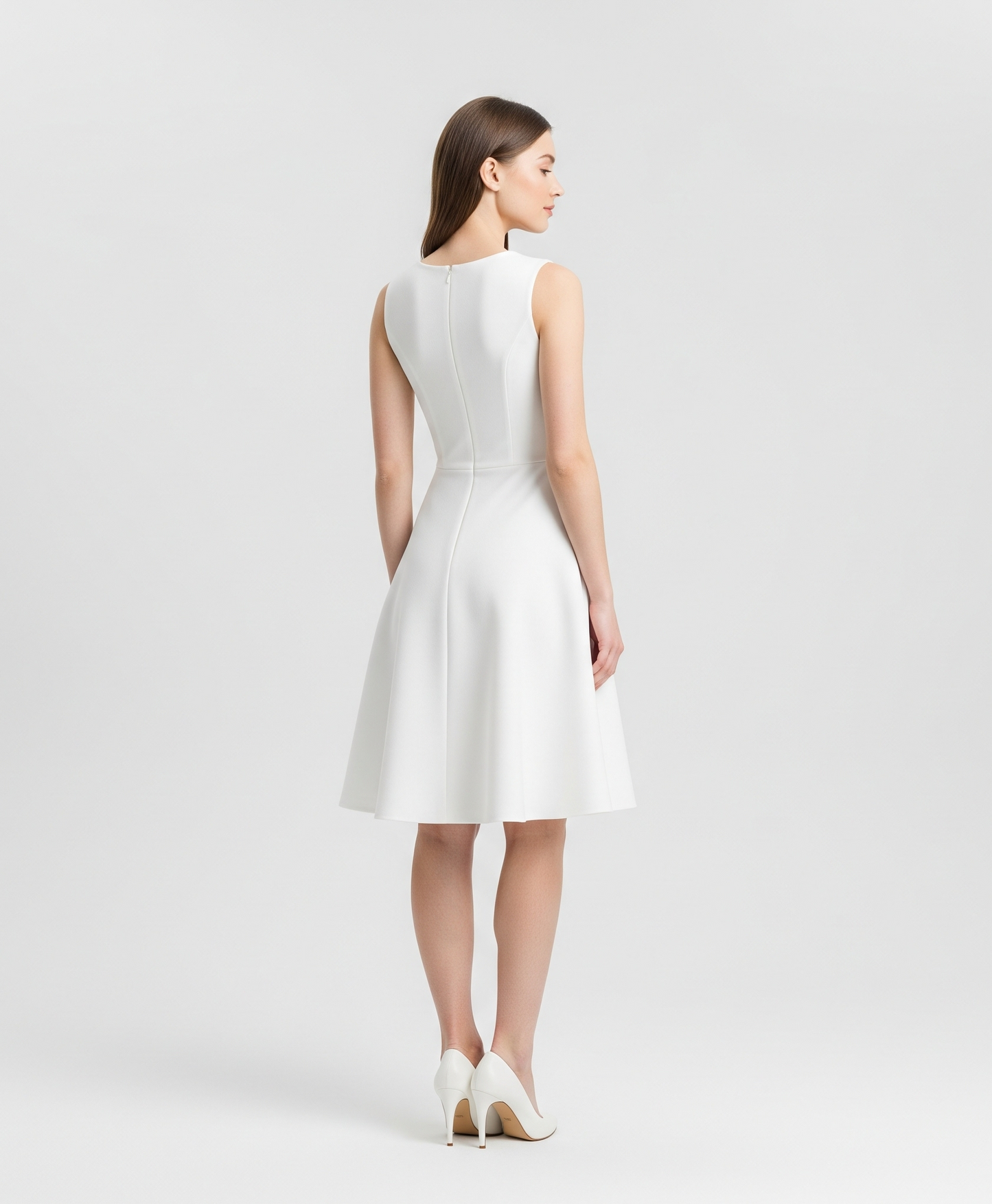 WHITE SLEEVELESS FIT-AND-FLARE DRESS