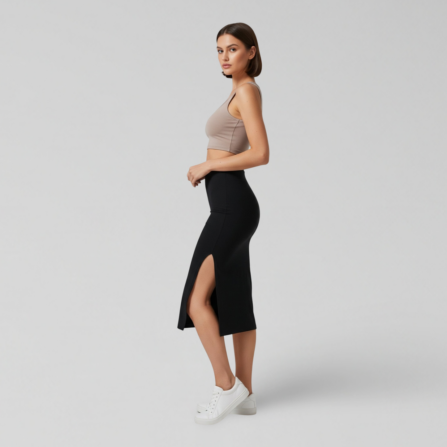 BLACK SLIT MIDI SKIRT
