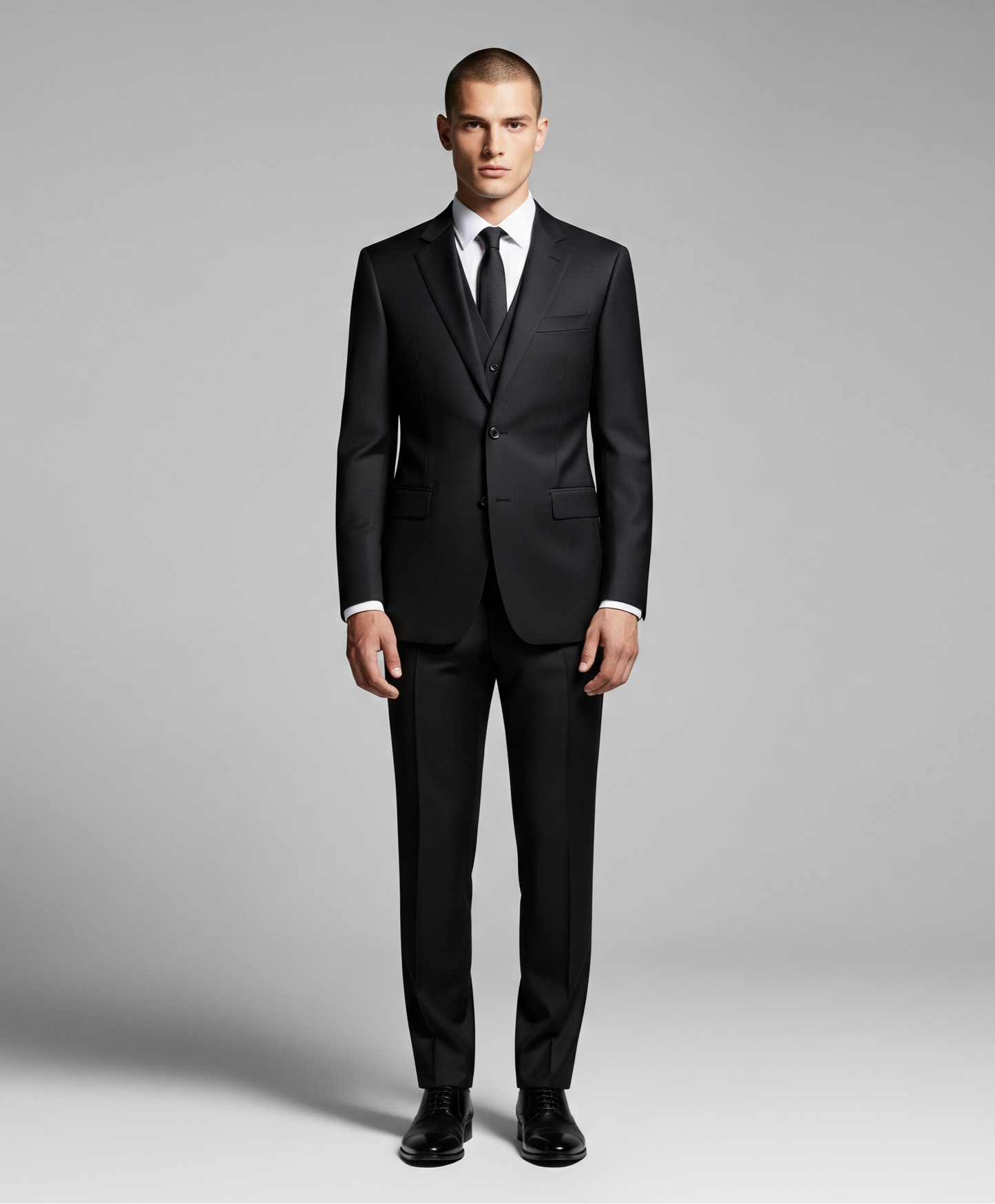 Man wearing a black suit on a gray background