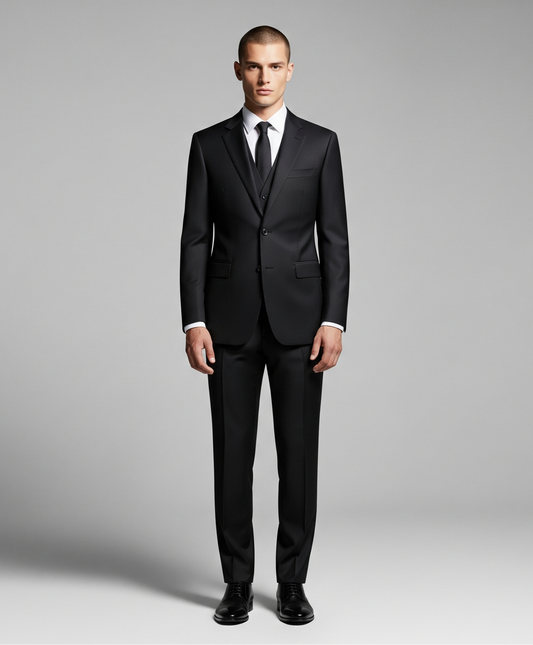 Man wearing a black suit on a gray background