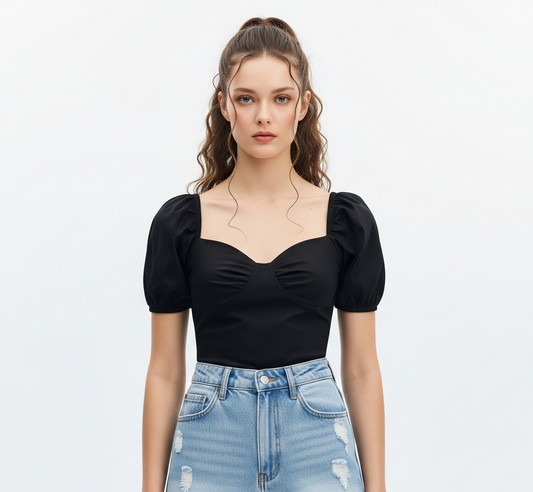 BLACK PUFF SLEEVE SWEETHEART TOP