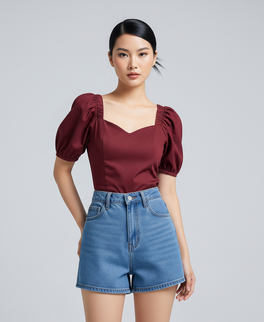 MAROON PUFF SLEEVE SWEETHEART TOP
