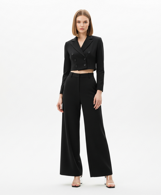 BLACK CROPPED BLAZER AND WIDE-LEG TROUSER SET