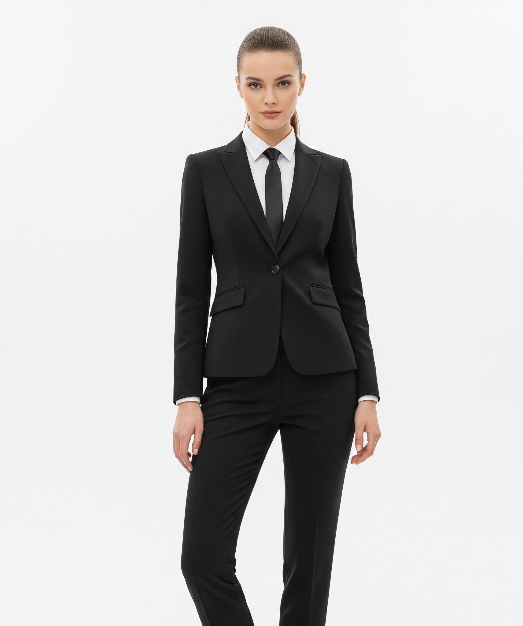 Person wearing a black suit on a white background