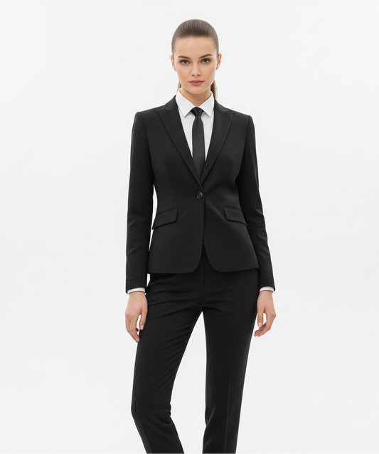 Person wearing a black suit on a white background