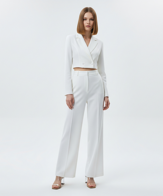 WHITE CROPPED BLAZER AND WIDE-LEG TROUSER SET