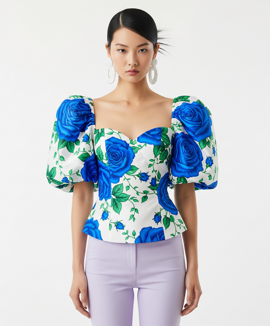 BLUE ROSE PUFF SLEEVE TOP