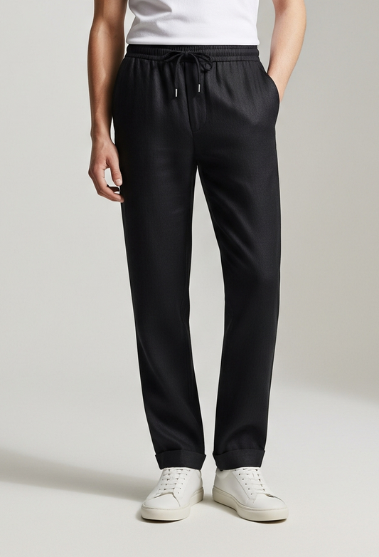 DRAWSTRING BLACK LINEN TROUSERS