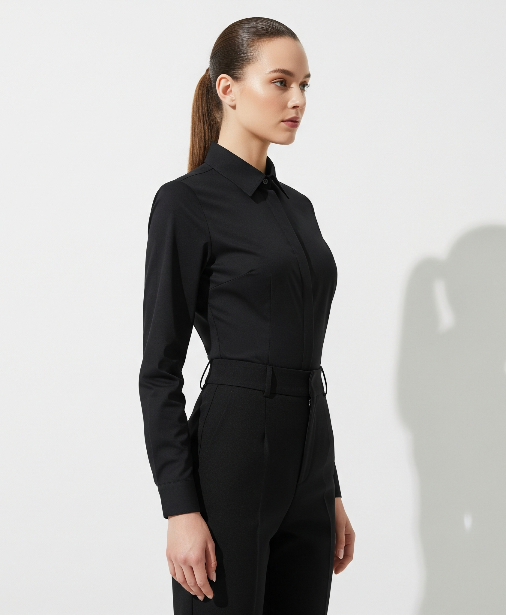 Woman wearing a black outfit against a white background