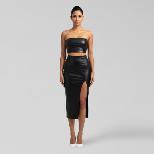 BLACK FAUX LEATHER TWO-PIECE SET