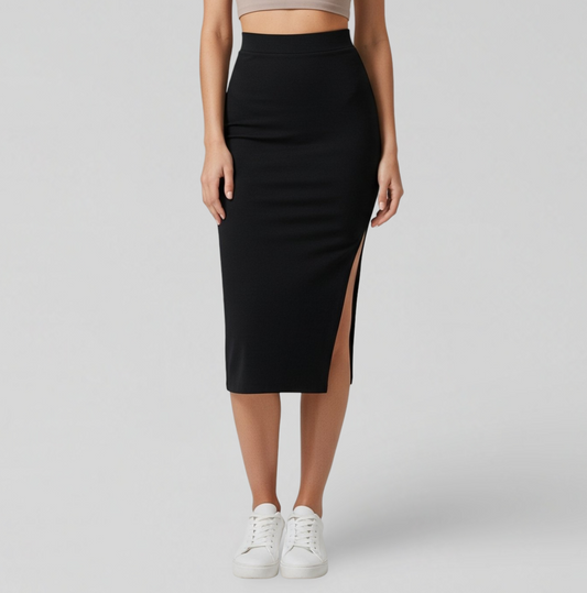 BLACK SLIT MIDI SKIRT